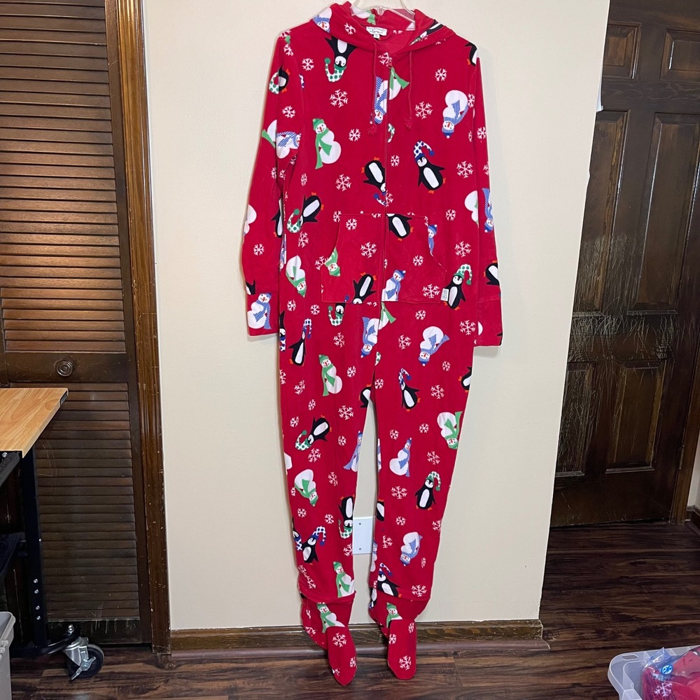 Pajamagram Hoodie-Footie Mens Large Red Penguin Snowman Fleece Footed Pajamas